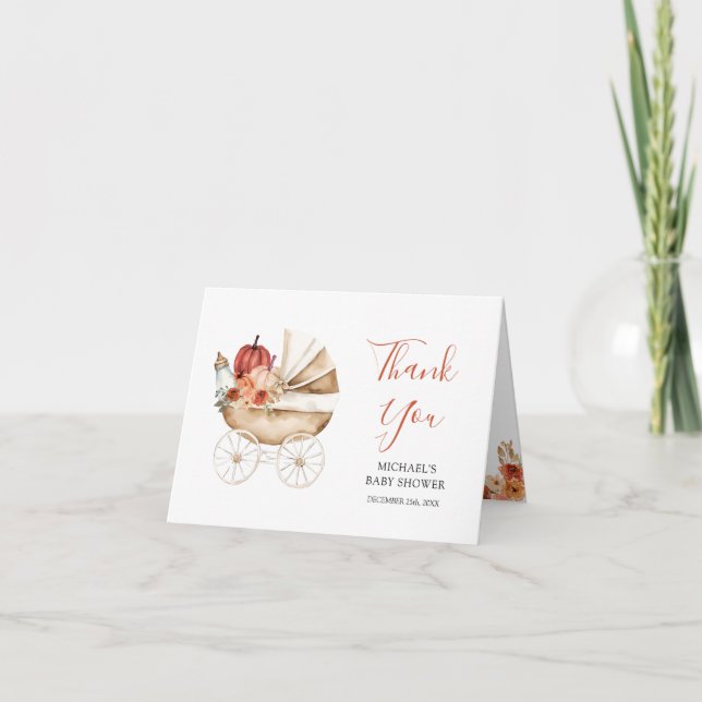 Fall Pumpkin Stroller Floral Baby Shower Folded Dankeskarte (Vorderseite)