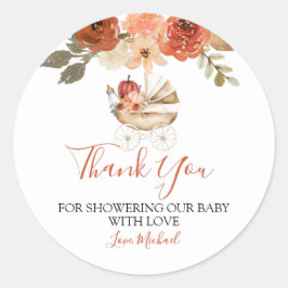 Fall Pumpkin Stroller Floral Baby Shower Thank You Runder Aufkleber