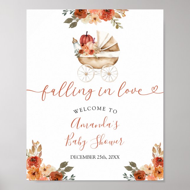 Fall Pumpkin Stroller Floral Baby Shower Welcome Poster (Vorne)