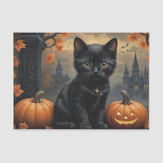 Fall Pumpkin Sweet Black Kitten Entcoupage Seidenpapier (Vorderseite)