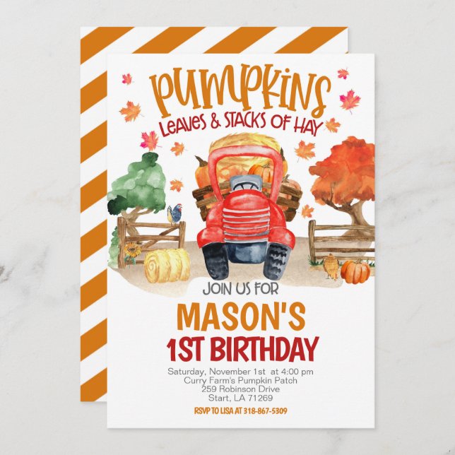 Fall Pumpkin Tractor Birthday Einladung (Vorne/Hinten)