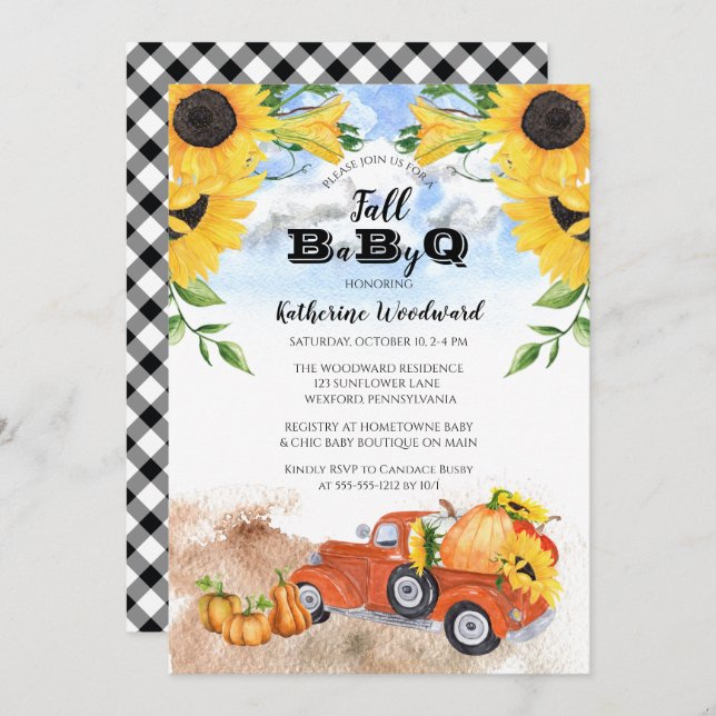 Fall Pumpkin Truck | Sonnenblumen Baby GRILLEN Dus Einladung (Vorne/Hinten)