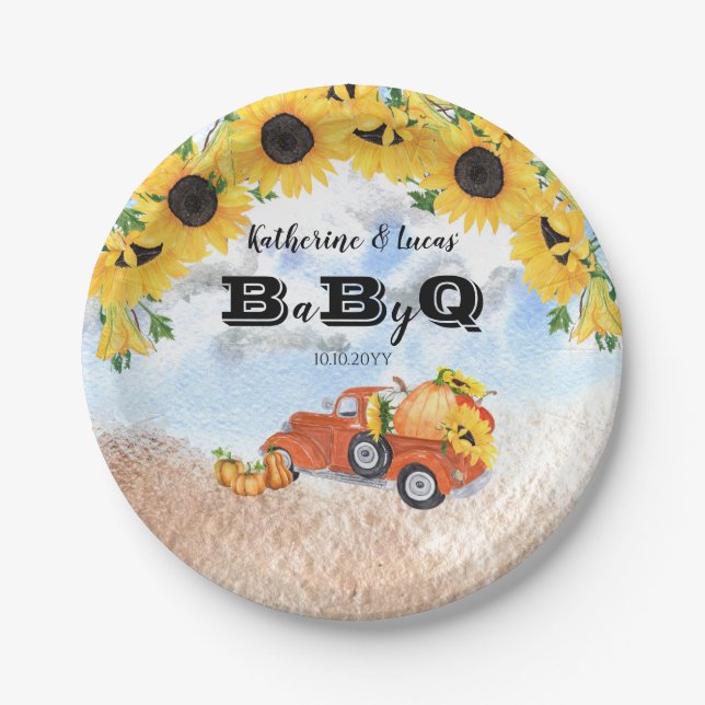 Fall Pumpkin Truck | Sonnenblumen Baby GRILLEN Dus Pappteller (Vorderseite)