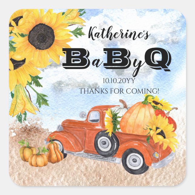 Fall Pumpkin Truck | Sonnenblumen Baby GRILLEN Sho Quadratischer Aufkleber (Vorderseite)