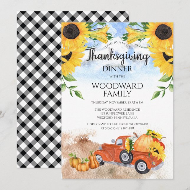 Fall Pumpkin Truck| Sonnenblumen Erntedank Abendes Einladung (Vorne/Hinten)