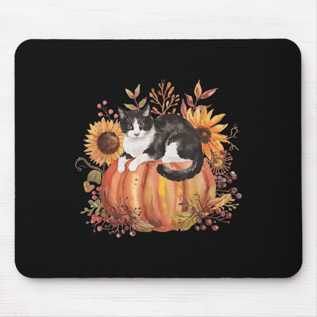 Fall Pumpkin Tuxedo Cat Sonnenblume Erntedank Sok Mousepad (Vorne)