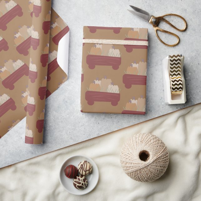 Fall Pumpkin Wagon Brown Boho Wrapping Paper Geschenkpapier (Kunsthandwerk)