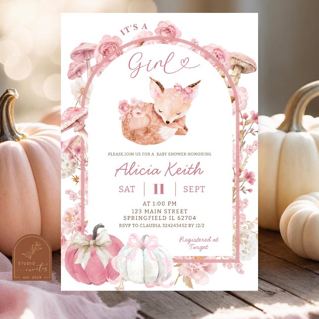 Fall Pumpkin White and Pink Fox Girl Baby Dusche Einladung (Von Creator hochgeladen)