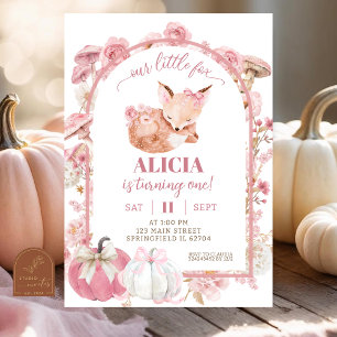 Fall Pumpkin White and Pink Fox Girl Birthday Einladung