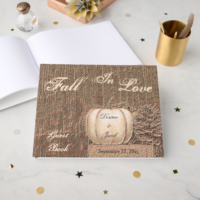 Fall Pumpkin White Gold Rustic Country Wedding Gästebuch (Vorderseite Offen)