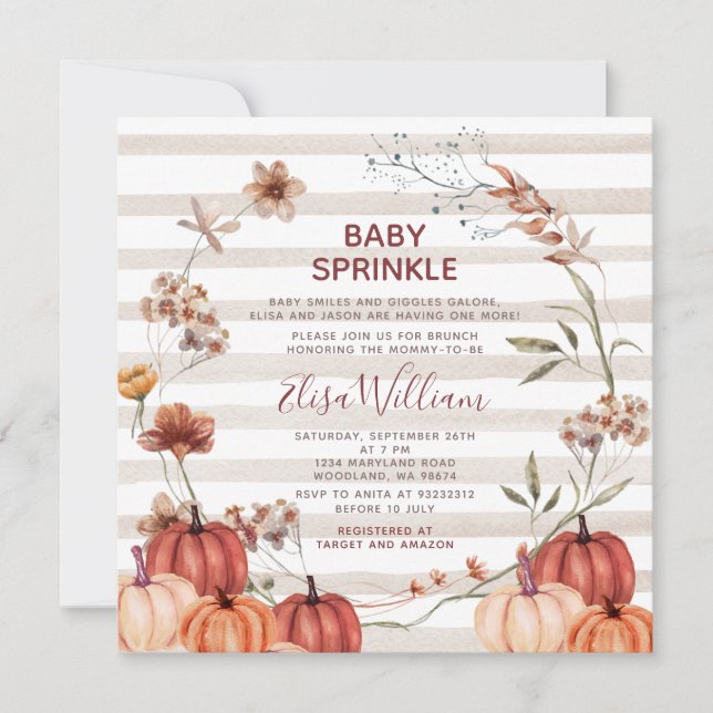 Fall Pumpkin Wildblumen Stripe Baby Sprinkle Einladung (Vorderseite)