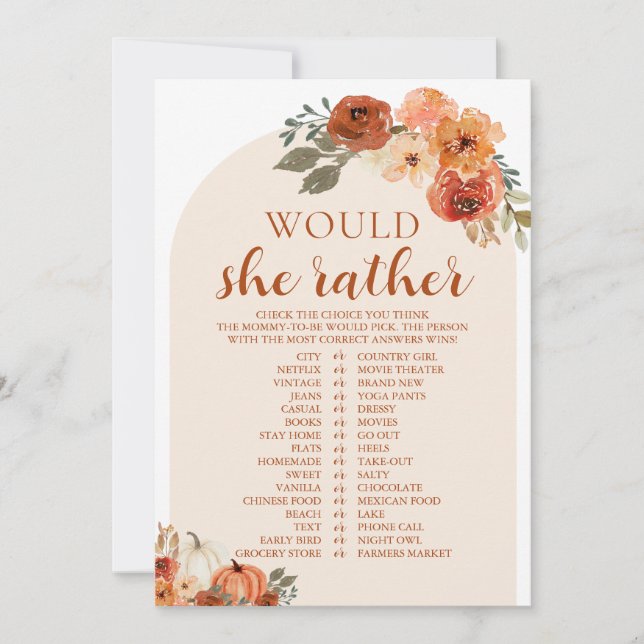 Fall Pumpkin würde sie eher Baby Showspiel Einladung (Vorderseite)