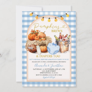 Fall Pumpkins Brews Diapers Gingham Gender Reveal Einladung