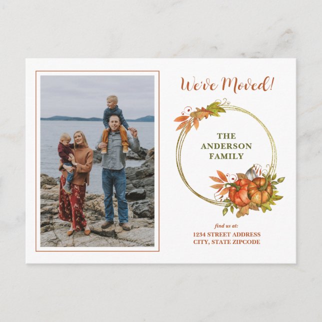 Fall Pumpkins Foto Wir haben neue Zuhause verschob Ankündigungspostkarte (Vorderseite)