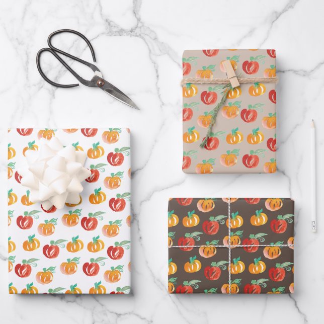 Fall Pumpkins Hand gestrichen Orange Green Geschenkpapier Set (Vorderseite)