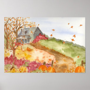 Fall Pumpkins Land Zuhause Wasserfarbe Landschaft Poster