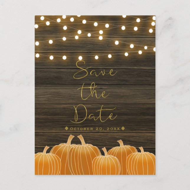 Fall Pumpkins & String Lights Save the Date rustik Ankündigungspostkarte (Vorderseite)