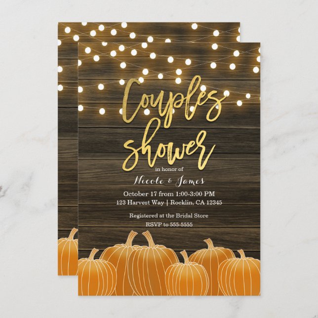 Fall Pumpkins Wood Lights Gold Couple Dusche Einladung (Vorne/Hinten)