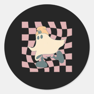 Fall Retro Checkerboard Halloween Ghost Beanie Spo Runder Aufkleber