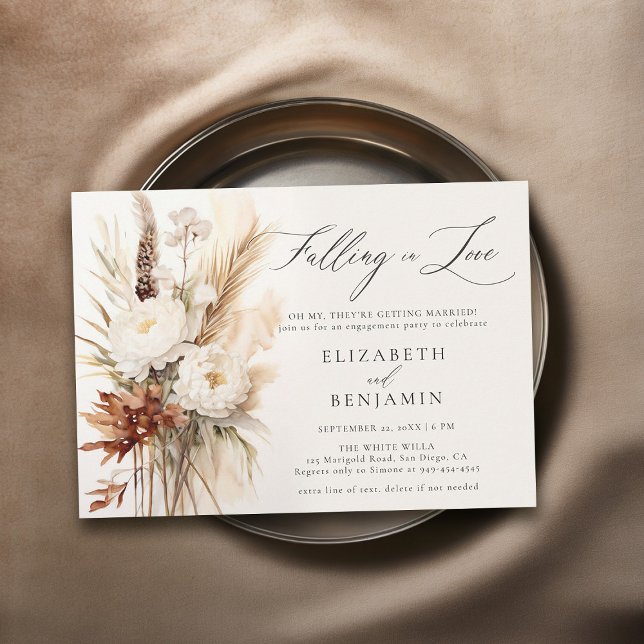Fall Romantic Bouquet Boho Peony Engagement Party Einladung (fall engagement party invitation falling in love peony pampas rust burnt orange watercolor)