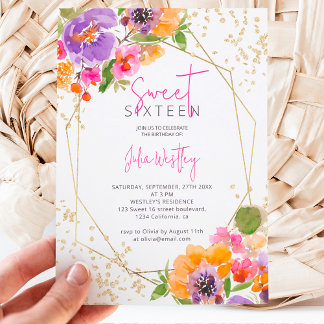 Fall Rosa Foto mit floralen Aquarellen Sweet 16 Einladung