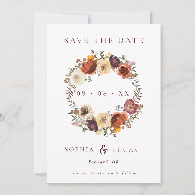 Fall Rust Burgundy Wreath Wedding Save The Date (Vorderseite)