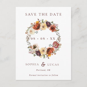 Fall Rust Burgundy Wreath Wedding Save the Date Ankündigungspostkarte