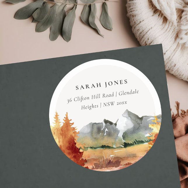 Fall Rust Orange Mountain Trees Foliage Adresse Runder Aufkleber (Von Creator hochgeladen)