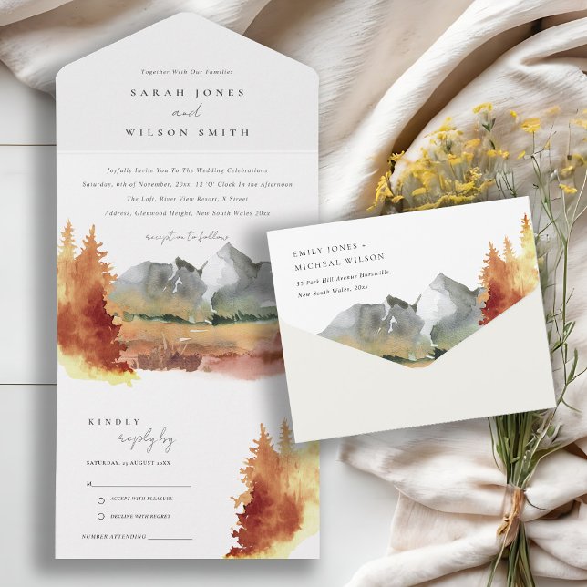Fall Rust Orange Mountain Trees Foliage Hochzeit All In One Einladung (Von Creator hochgeladen)