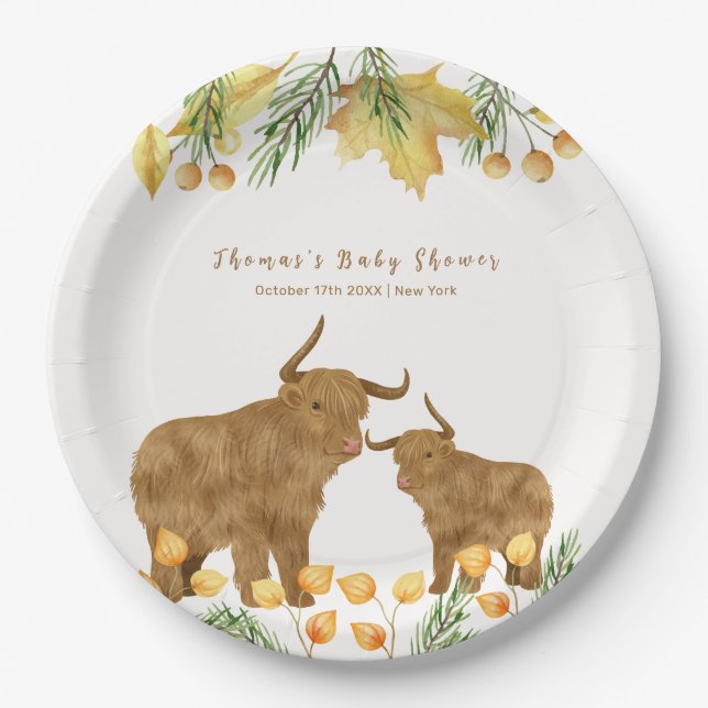Fall Rustic Boho Highland Cow Baby Showdusche Pappteller (Vorderseite)
