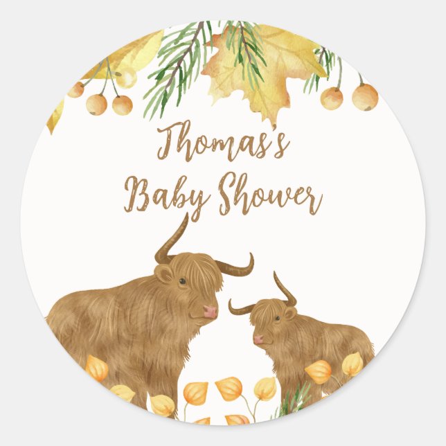 Fall Rustic Boho Highland Cow Baby Showdusche Runder Aufkleber (Vorderseite)