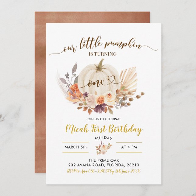 Fall Rustic Boho Pumpkin Erster Geburtstag Einladu Einladung (Vorne/Hinten)