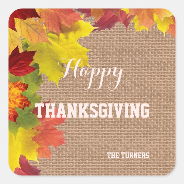 Fall Rustic Burlap Happy Thanksgiving Monogram Quadratischer Aufkleber (Vorderseite)