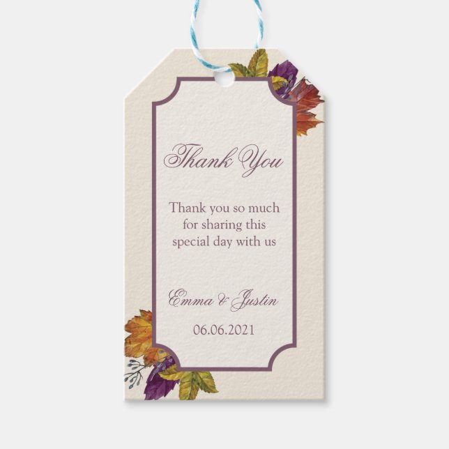 Fall Rustic Watercolor Blätter Hochzeit Vielen Dan Geschenkanhänger (Vorderseite)