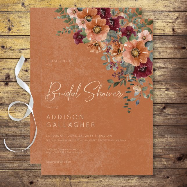 Fall Rustikales Rust & Wine Brautparty Einladung (Fall Rustic Rust & Wine Floral Bridal Shower Invitation)