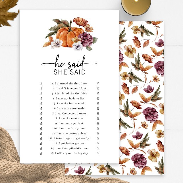 Fall, sagte er, sie sagte Game (Fall Bridal He Said She Said Game Fall In Love Bridal Shower Pumpkin Florals by Painted Paperie)