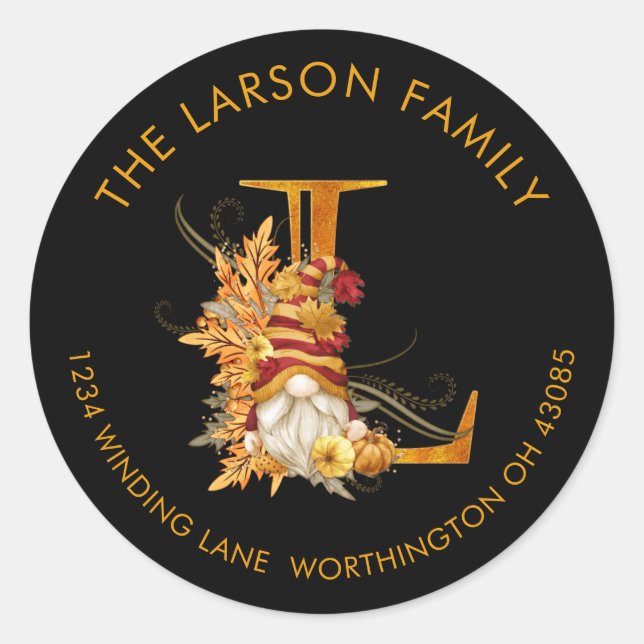 Fall-Saison-Gnome-Monogram-L-Adressetikett Runder Aufkleber (Vorderseite)