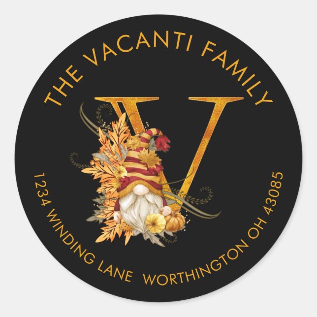 Fall-Saison Gnome Monogram Letter V-Adressenaufsch Runder Aufkleber (Vorderseite)