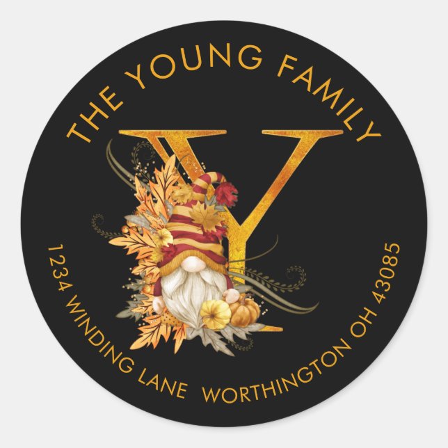 Fall-Saison Gnome Monogram Letter Y-Adressenaufsch Runder Aufkleber (Vorderseite)