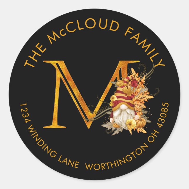 Fall-Saison-Gnome-Monogramm-Buchstaben M-Adressena Runder Aufkleber (Vorderseite)