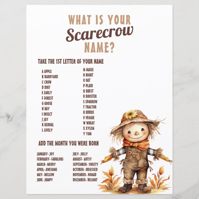Fall Scarecrow Name Geburtstag Aktivität (Vorderseite)