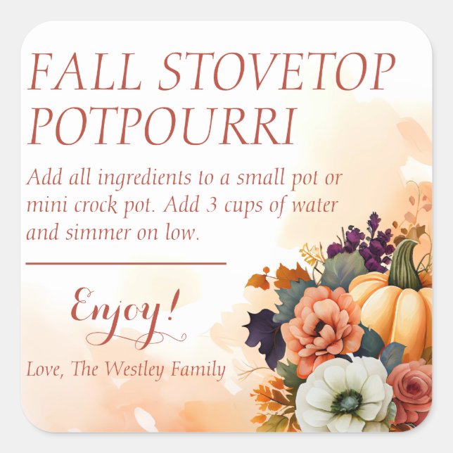 Fall Scented Stovetop Potpourri Label Quadratischer Aufkleber (Vorderseite)
