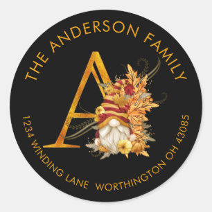 Fall Season Gnome Monogram Letter A Address Label Runder Aufkleber