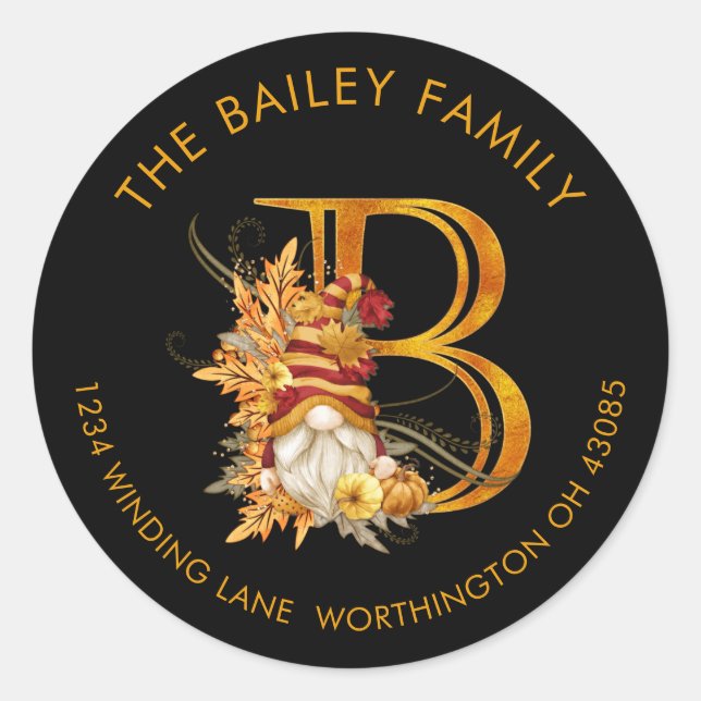 Fall Season Gnome Monogram Letter B Address Label Runder Aufkleber (Vorderseite)