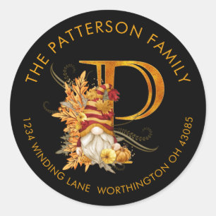 Fall Season Gnome Monogram Letter P Address Label Runder Aufkleber