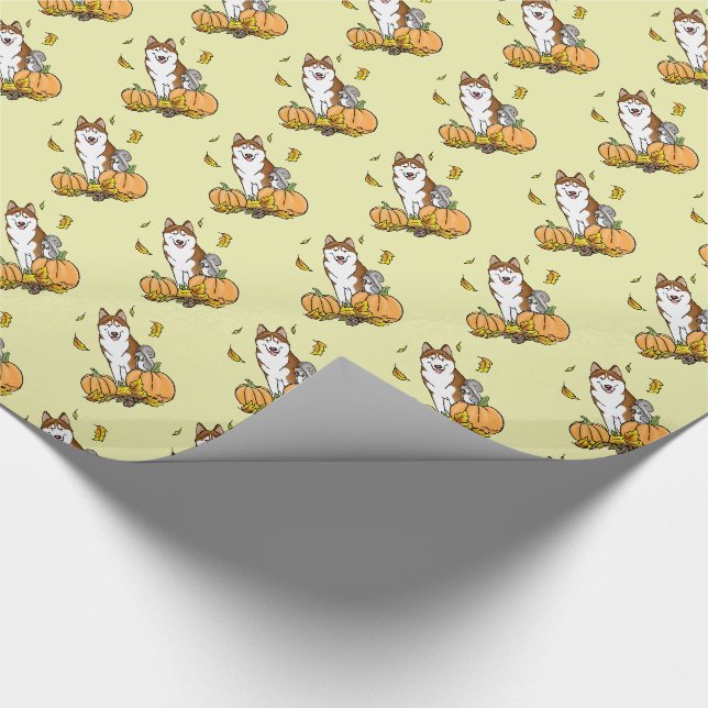 Fall Sibirischer Husky (rot) Pumpkins Blätter Nied Geschenkpapier (Ecke)