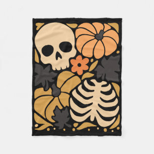 Fall Skeleton Pumpkin Floral Folkehl Halloween Fleecedecke