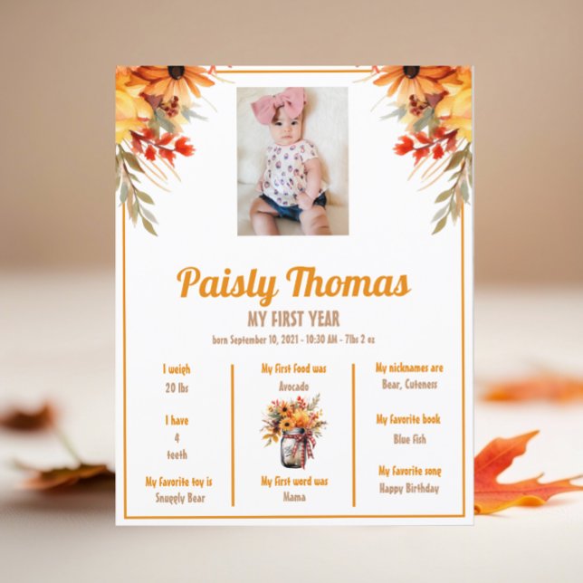 Fall Sonnenblume 1. Geburtstag Meilenstein Poster (Von Creator hochgeladen)