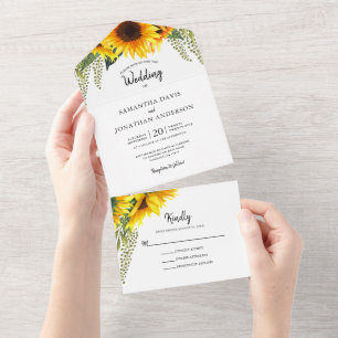 Fall Sonnenblumen & Grüne Foliage Hochzeit All In One Einladung