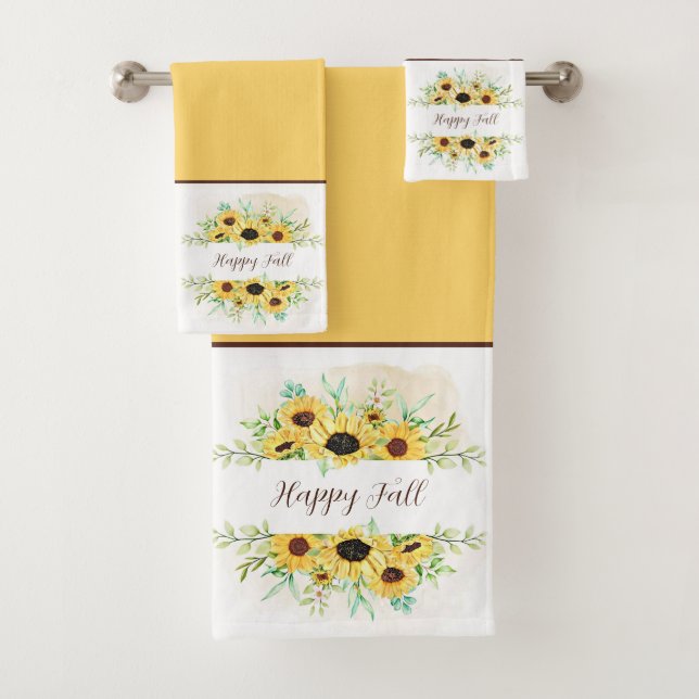 Fall Sonnenblumen Rahmen mit anpassbarem Text Bad Badhandtuch Set (Insitu)